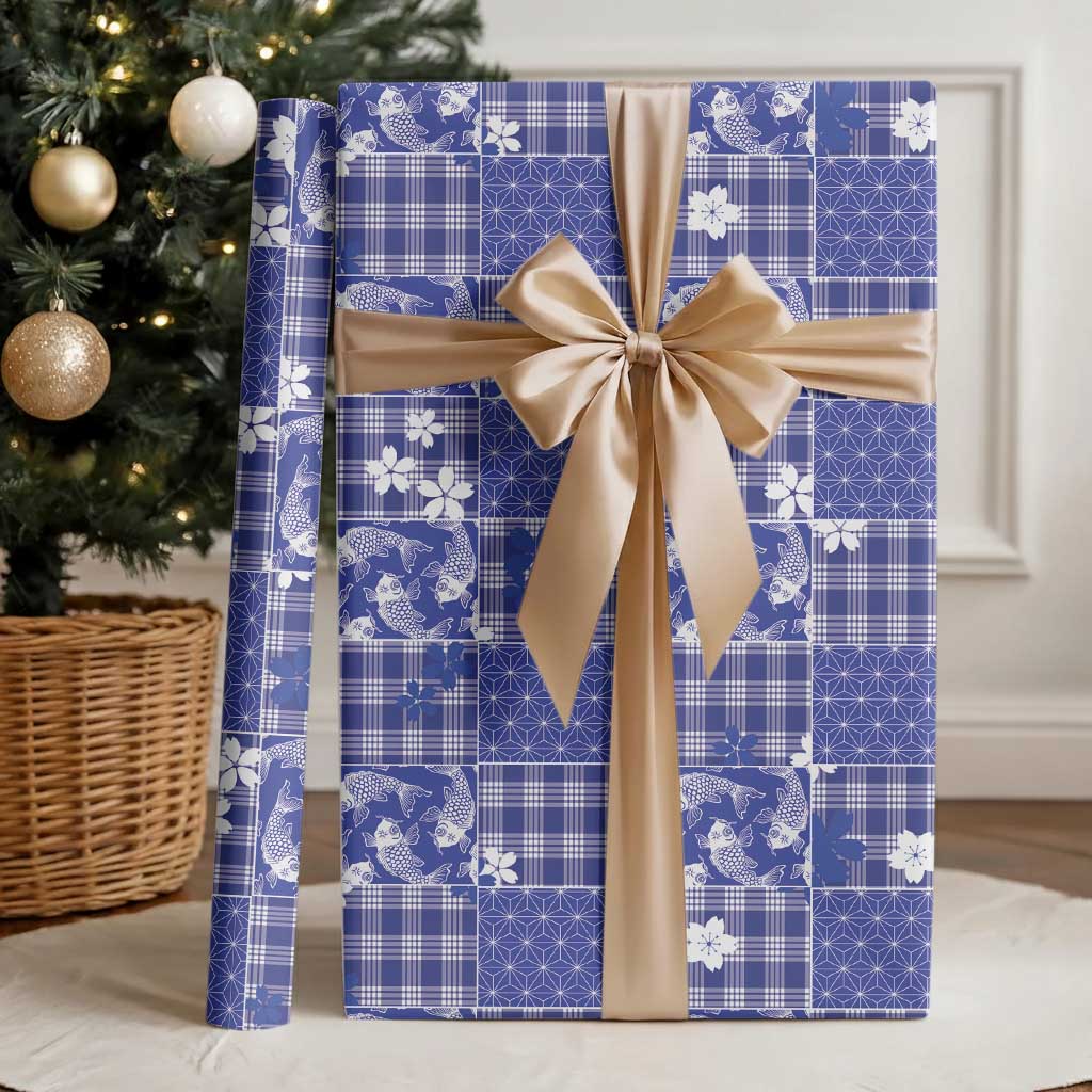 Blue Palaka Japanese Patterns Wrapping Paper Koi Fish Asanoha Sakura Patchwork Stylized LT14 - Polynesian Pride