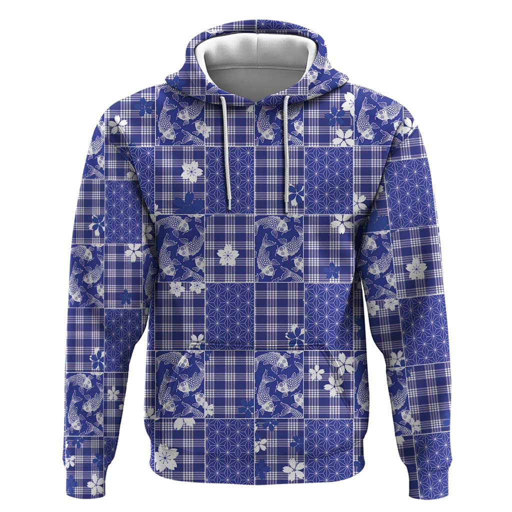 Blue Palaka Japanese Patterns Zip Hoodie Koi Fish Asanoha Sakura Patchwork Stylized - Polynesian Pride