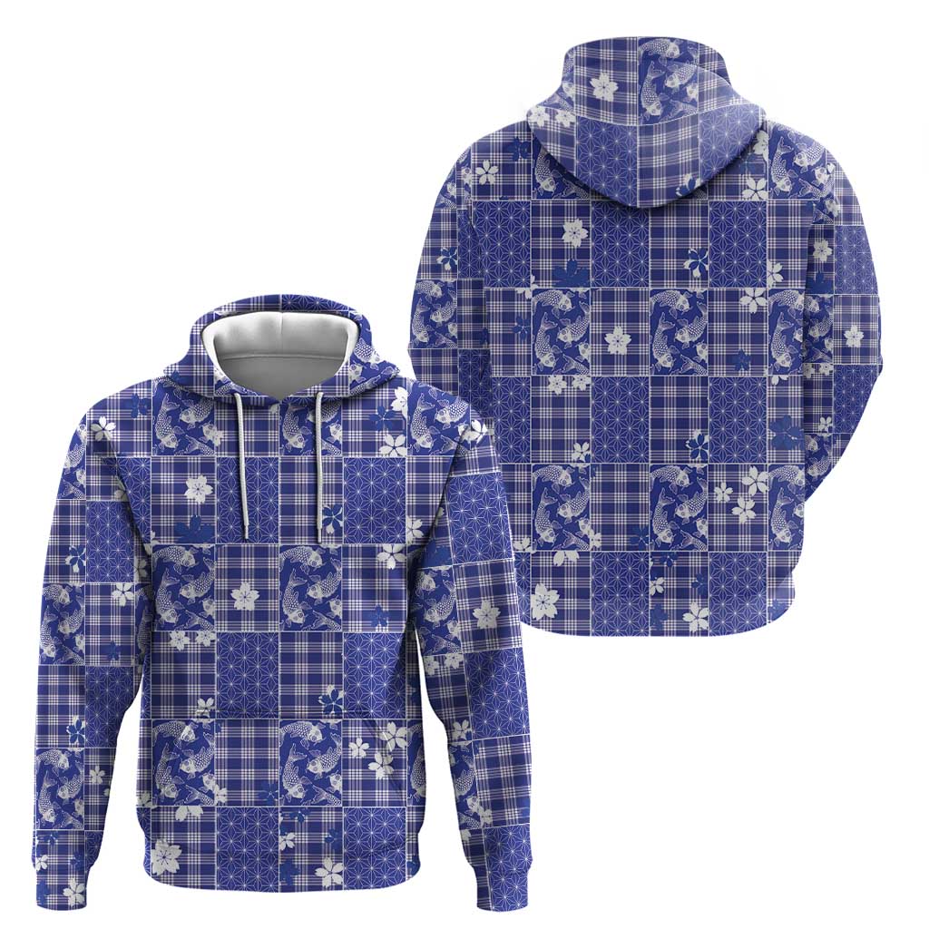 Blue Palaka Japanese Patterns Zip Hoodie Koi Fish Asanoha Sakura Patchwork Stylized - Polynesian Pride