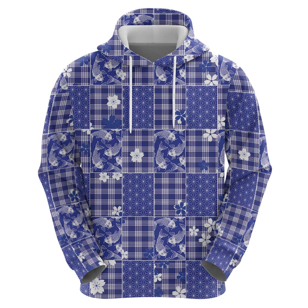 Blue Palaka Japanese Patterns Zip Hoodie Koi Fish Asanoha Sakura Patchwork Stylized - Polynesian Pride