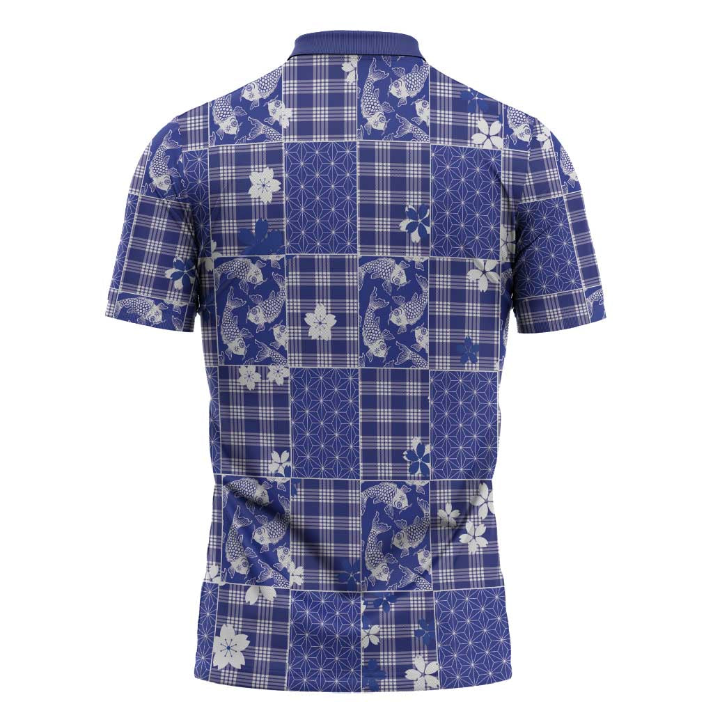 Blue Palaka Japanese Patterns Zipper Polo Shirt Koi Fish Asanoha Sakura Patchwork Stylized LT14 - Polynesian Pride