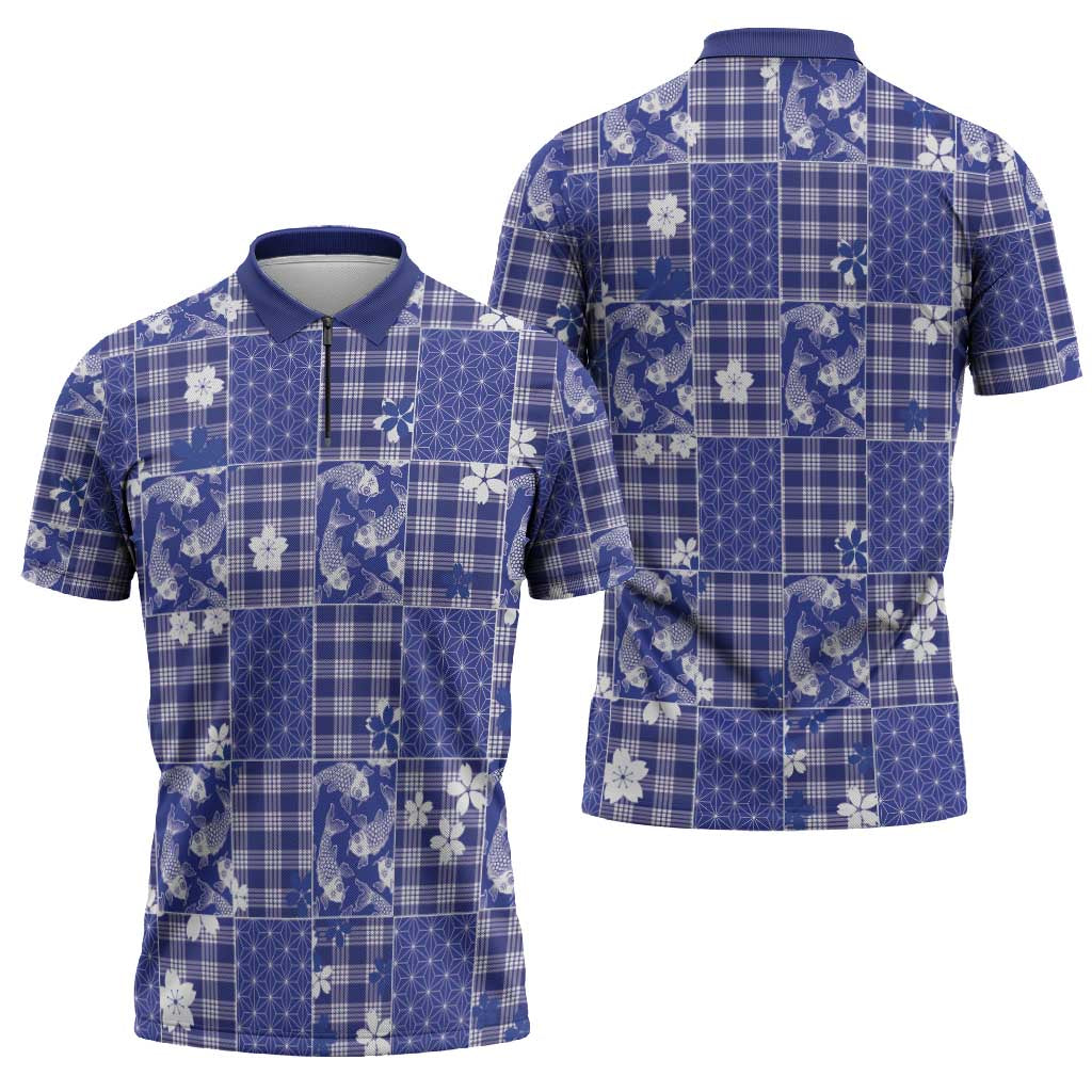 Blue Palaka Japanese Patterns Zipper Polo Shirt Koi Fish Asanoha Sakura Patchwork Stylized LT14 - Polynesian Pride