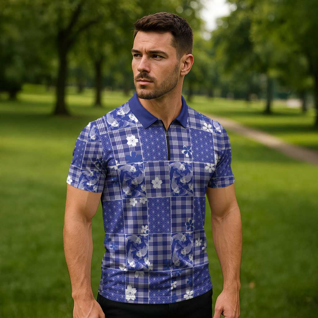 Blue Palaka Japanese Patterns Zipper Polo Shirt Koi Fish Asanoha Sakura Patchwork Stylized LT14 - Polynesian Pride