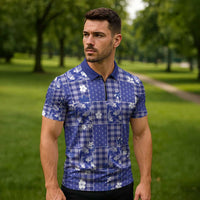 Blue Palaka Japanese Patterns Zipper Polo Shirt Koi Fish Asanoha Sakura Patchwork Stylized LT14 - Polynesian Pride