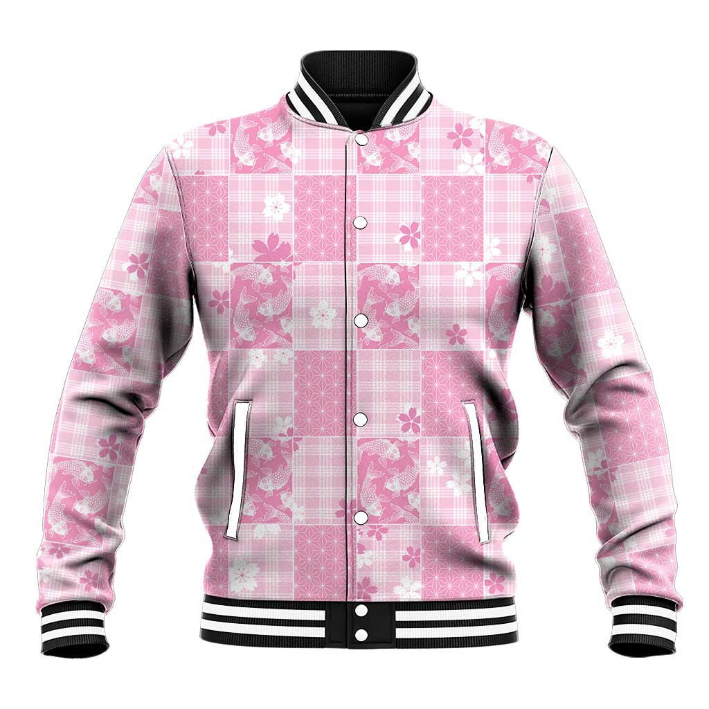 Pink Palaka Japanese Patterns Baseball Jacket Koi Fish Asanoha Sakura Patchwork Stylized LT14 Unisex Pink - Polynesian Pride