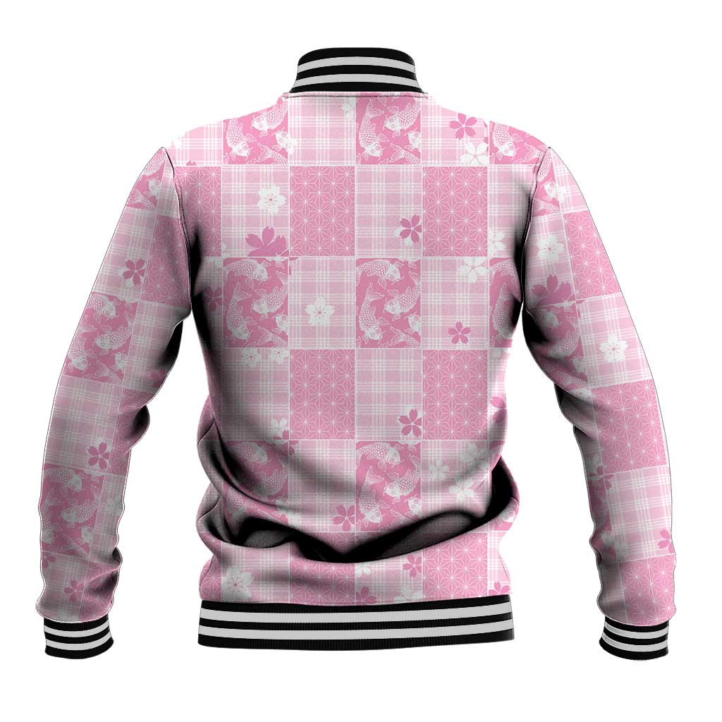 Pink Palaka Japanese Patterns Baseball Jacket Koi Fish Asanoha Sakura Patchwork Stylized LT14 - Polynesian Pride