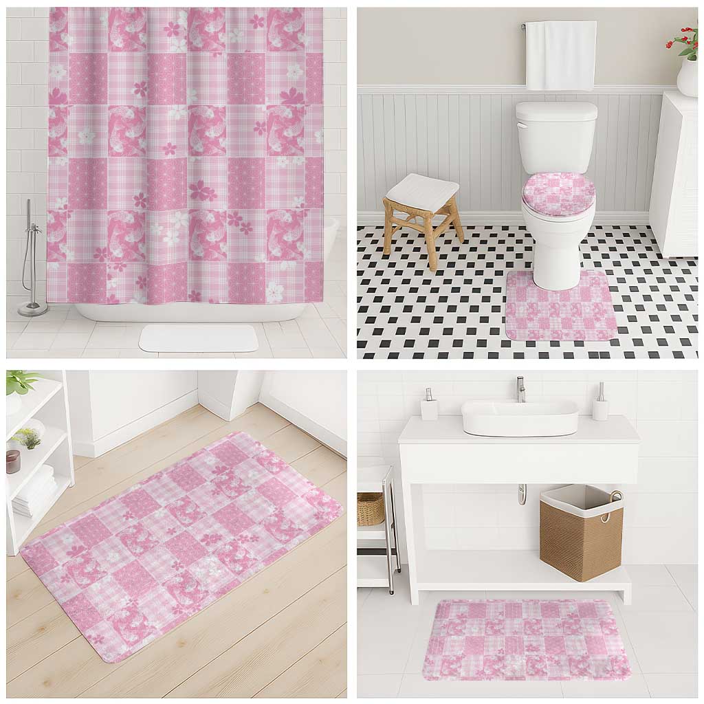 Pink Palaka Japanese Patterns Bathroom Set Koi Fish Asanoha Sakura Patchwork Stylized - Polynesian Pride