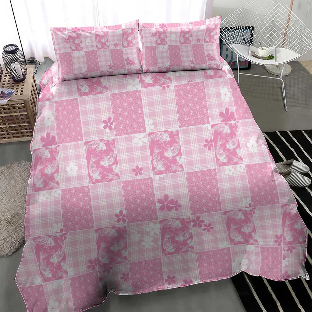 Pink Palaka Japanese Patterns Bedding Set Koi Fish Asanoha Sakura Patchwork Stylized - Polynesian Pride