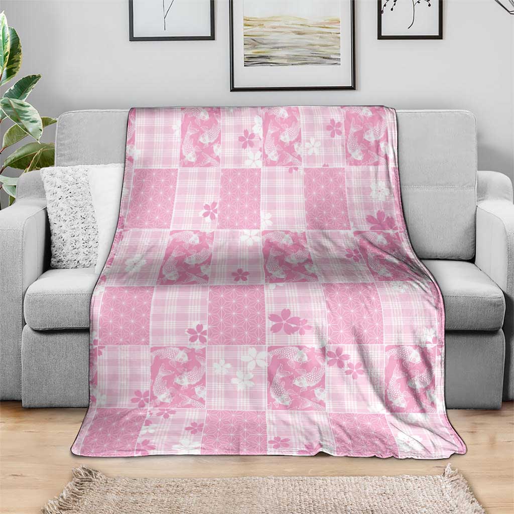 Pink Palaka Japanese Patterns Blanket Koi Fish Asanoha Sakura Patchwork Stylized - Polynesian Pride