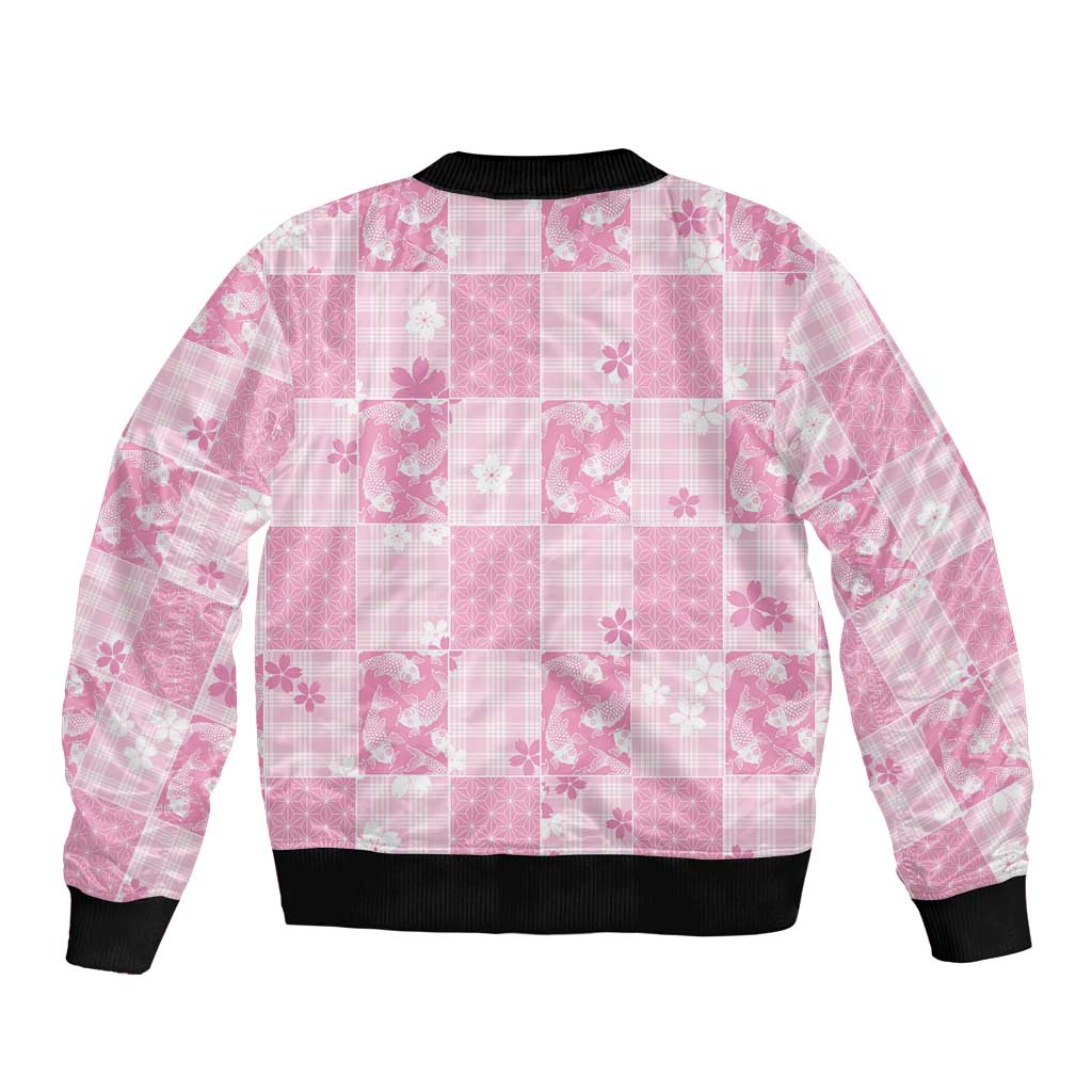 Pink Palaka Japanese Patterns Bomber Jacket Koi Fish Asanoha Sakura Patchwork Stylized - Polynesian Pride