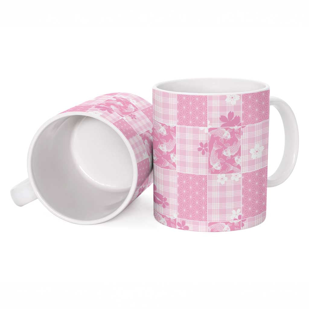 Pink Palaka Japanese Patterns Ceramic Mug Koi Fish Asanoha Sakura Patchwork Stylized - Polynesian Pride