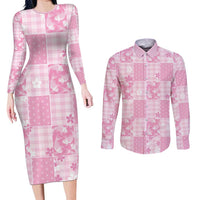 Pink Palaka Japanese Patterns Couples Matching Long Sleeve Bodycon Dress and Long Sleeve Button Shirt Koi Fish Asanoha Sakura Patchwork Stylized LT14 Pink - Polynesian Pride