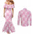 Pink Palaka Japanese Patterns Couples Matching Mermaid Dress and Long Sleeve Button Shirt Koi Fish Asanoha Sakura Patchwork Stylized - Polynesian Pride