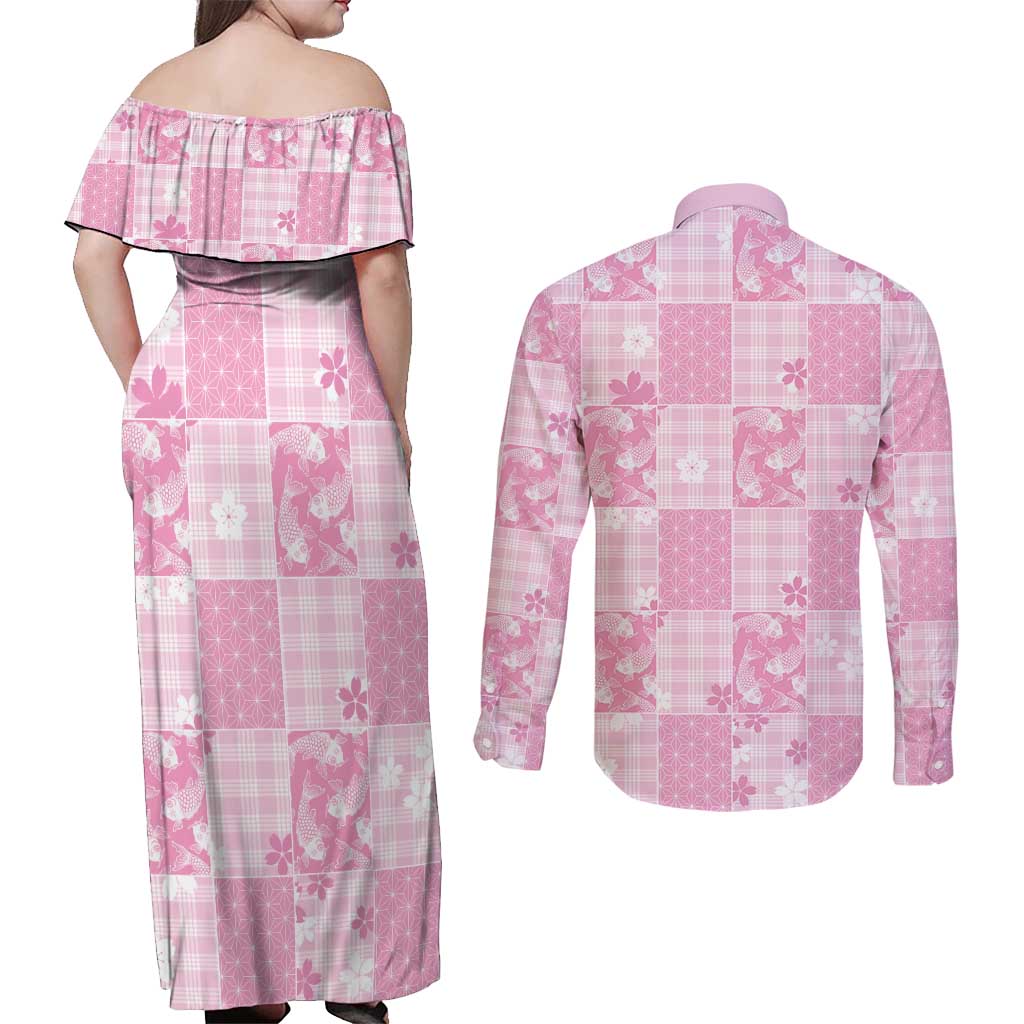 Pink Palaka Japanese Patterns Couples Matching Off Shoulder Maxi Dress and Long Sleeve Button Shirt Koi Fish Asanoha Sakura Patchwork Stylized LT14 - Polynesian Pride