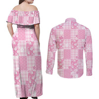 Pink Palaka Japanese Patterns Couples Matching Off Shoulder Maxi Dress and Long Sleeve Button Shirt Koi Fish Asanoha Sakura Patchwork Stylized LT14 - Polynesian Pride