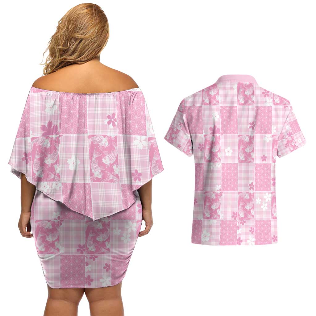 Pink Palaka Japanese Patterns Couples Matching Off Shoulder Short Dress and Hawaiian Shirt Koi Fish Asanoha Sakura Patchwork Stylized - Polynesian Pride