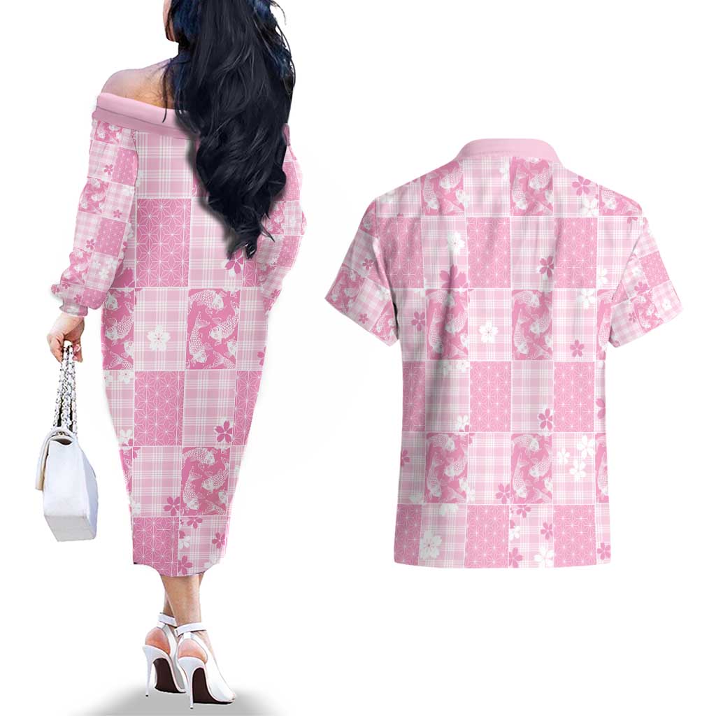 Pink Palaka Japanese Patterns Couples Matching Off The Shoulder Long Sleeve Dress and Hawaiian Shirt Koi Fish Asanoha Sakura Patchwork Stylized - Polynesian Pride