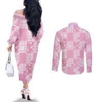 Pink Palaka Japanese Patterns Couples Matching Off The Shoulder Long Sleeve Dress and Long Sleeve Button Shirt Koi Fish Asanoha Sakura Patchwork Stylized LT14 - Polynesian Pride