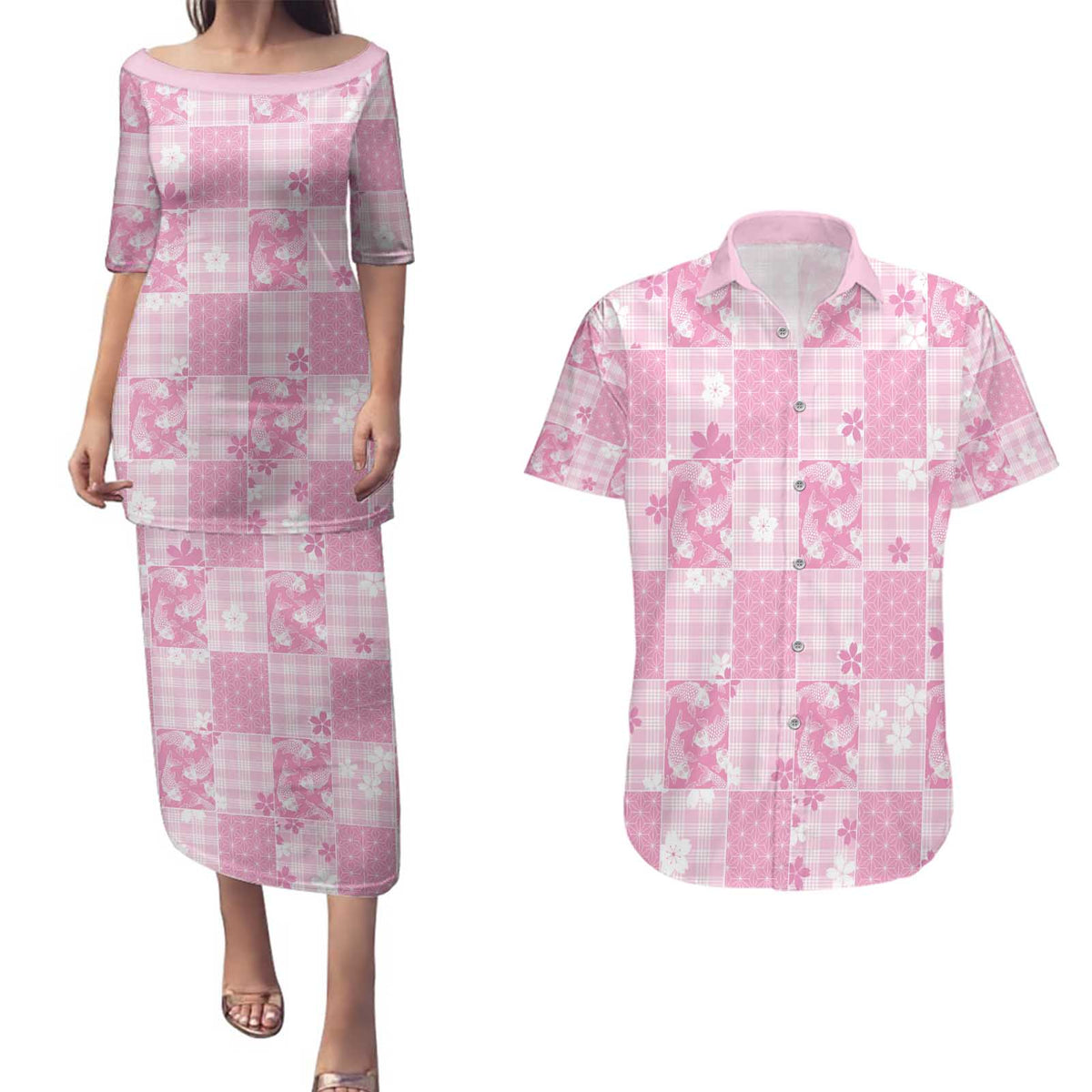 Pink Palaka Japanese Patterns Couples Matching Puletasi and Hawaiian Shirt Koi Fish Asanoha Sakura Patchwork Stylized LT14 Pink - Polynesian Pride