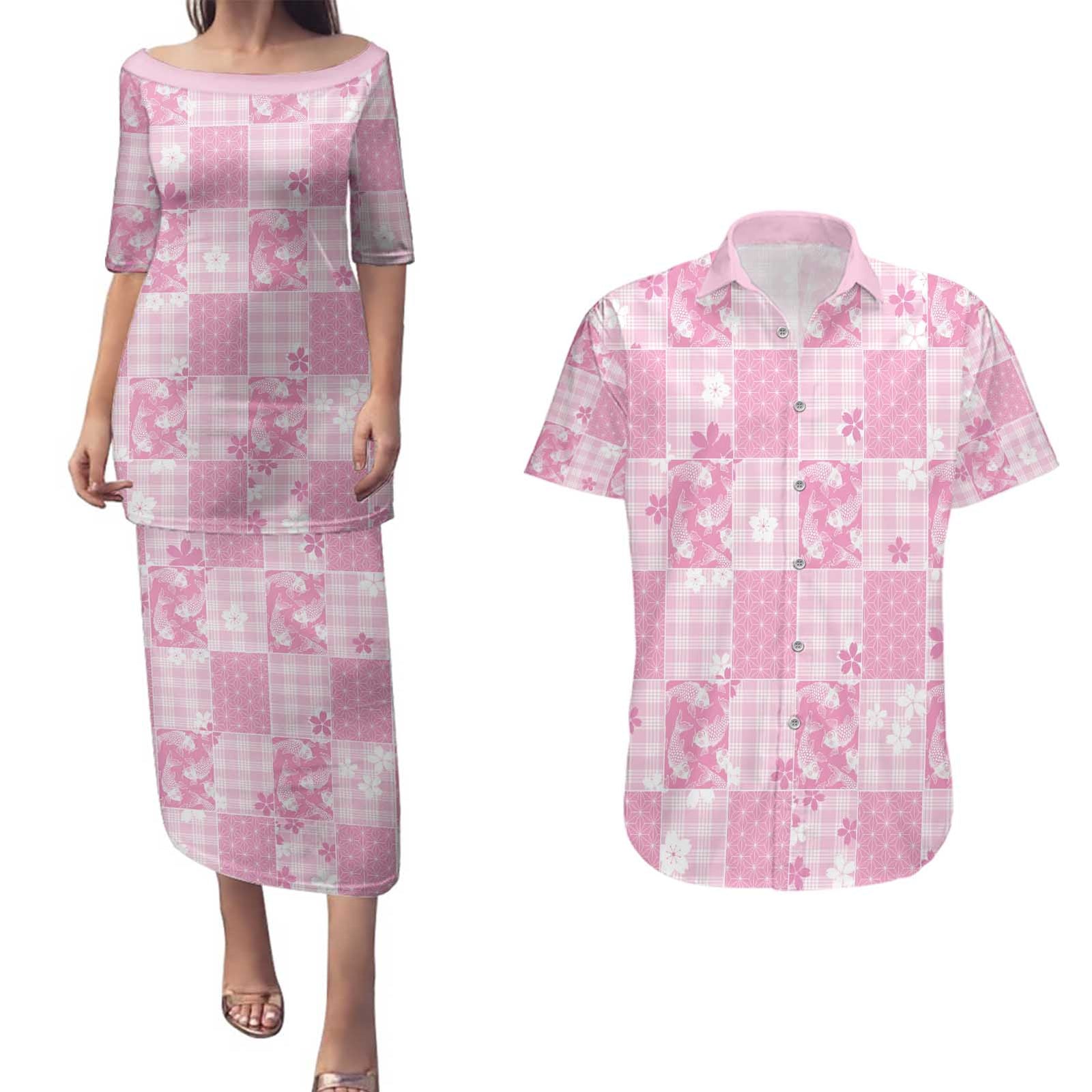 Pink Palaka Japanese Patterns Couples Matching Puletasi and Hawaiian Shirt Koi Fish Asanoha Sakura Patchwork Stylized LT14 Pink - Polynesian Pride