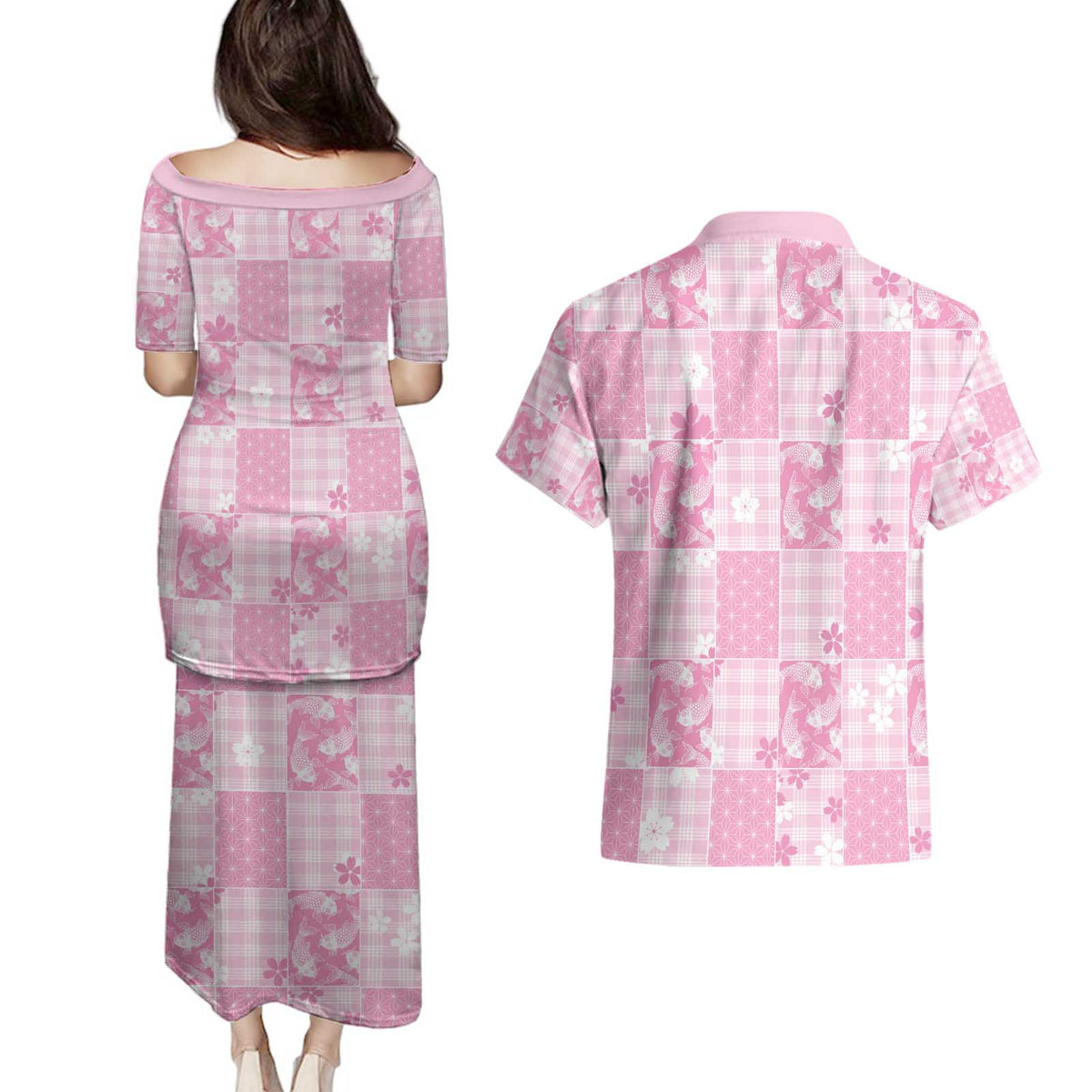 Pink Palaka Japanese Patterns Couples Matching Puletasi and Hawaiian Shirt Koi Fish Asanoha Sakura Patchwork Stylized LT14 - Polynesian Pride