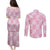Pink Palaka Japanese Patterns Couples Matching Puletasi and Long Sleeve Button Shirt Koi Fish Asanoha Sakura Patchwork Stylized - Polynesian Pride