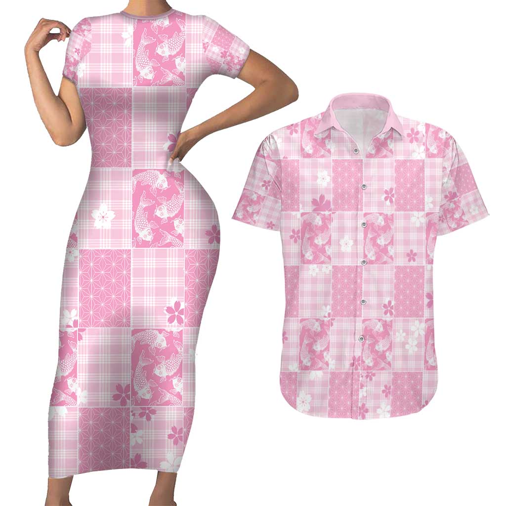 Pink Palaka Japanese Patterns Couples Matching Short Sleeve Bodycon Dress and Hawaiian Shirt Koi Fish Asanoha Sakura Patchwork Stylized - Polynesian Pride