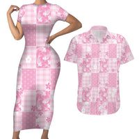 Pink Palaka Japanese Patterns Couples Matching Short Sleeve Bodycon Dress and Hawaiian Shirt Koi Fish Asanoha Sakura Patchwork Stylized - Polynesian Pride