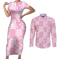 Pink Palaka Japanese Patterns Couples Matching Short Sleeve Bodycon Dress and Long Sleeve Button Shirt Koi Fish Asanoha Sakura Patchwork Stylized LT14 Pink - Polynesian Pride