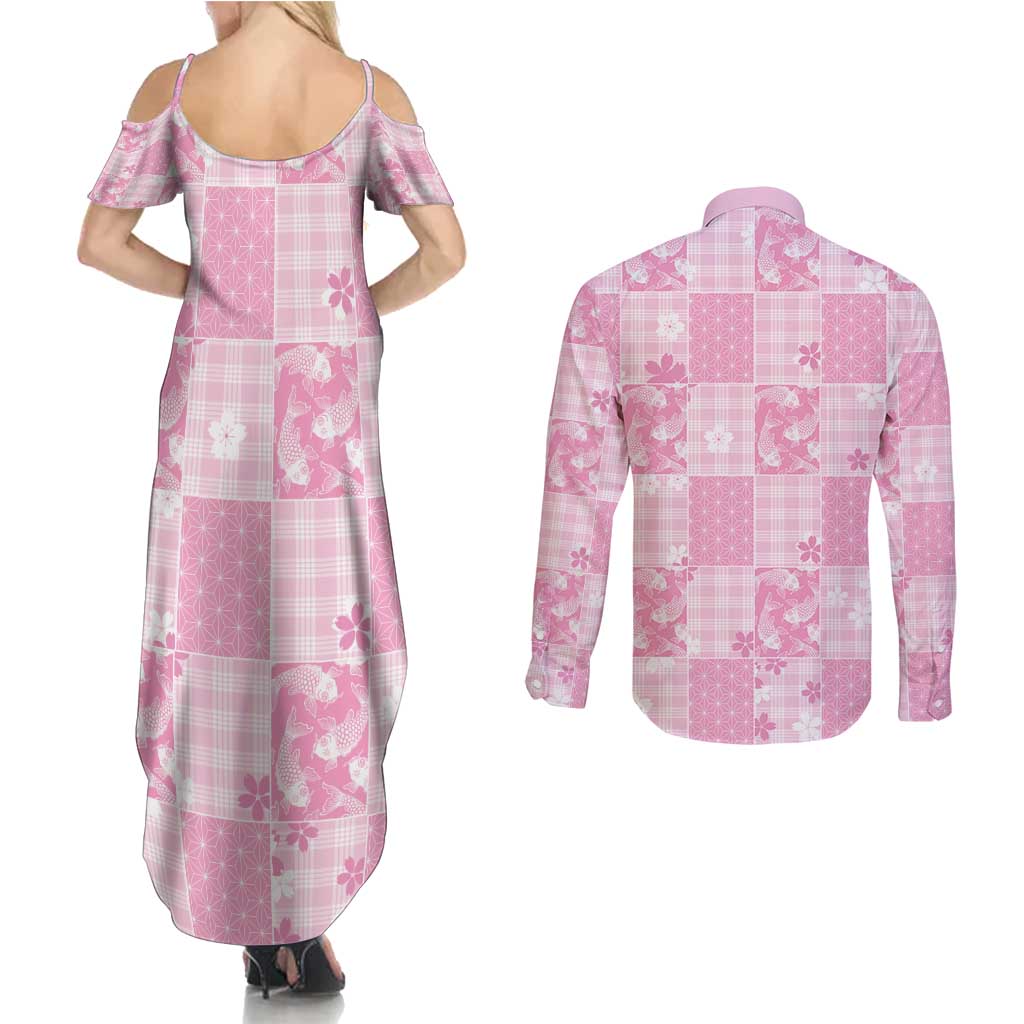 Pink Palaka Japanese Patterns Couples Matching Summer Maxi Dress and Long Sleeve Button Shirt Koi Fish Asanoha Sakura Patchwork Stylized LT14 - Polynesian Pride