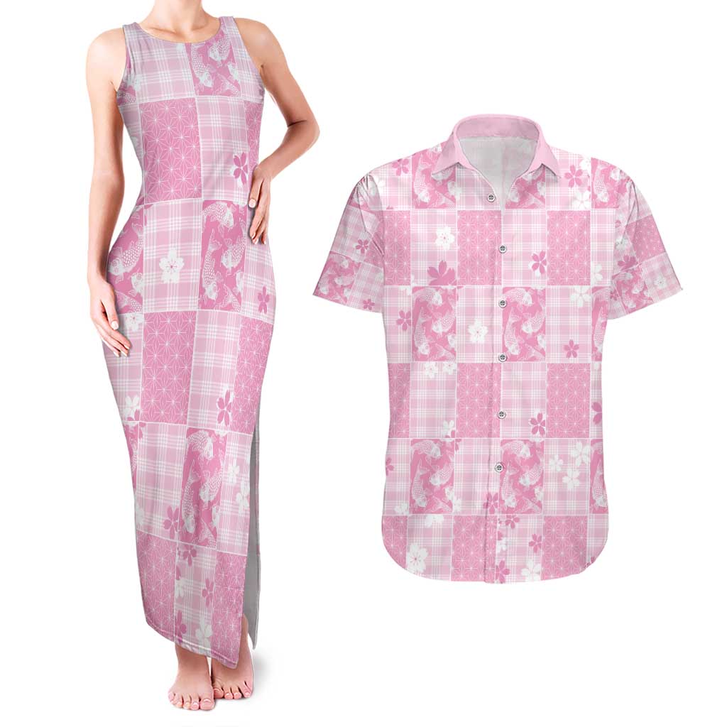 Pink Palaka Japanese Patterns Couples Matching Tank Maxi Dress and Hawaiian Shirt Koi Fish Asanoha Sakura Patchwork Stylized - Polynesian Pride