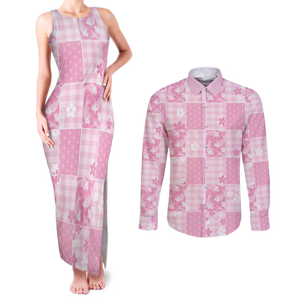 Pink Palaka Japanese Patterns Couples Matching Tank Maxi Dress and Long Sleeve Button Shirt Koi Fish Asanoha Sakura Patchwork Stylized - Polynesian Pride
