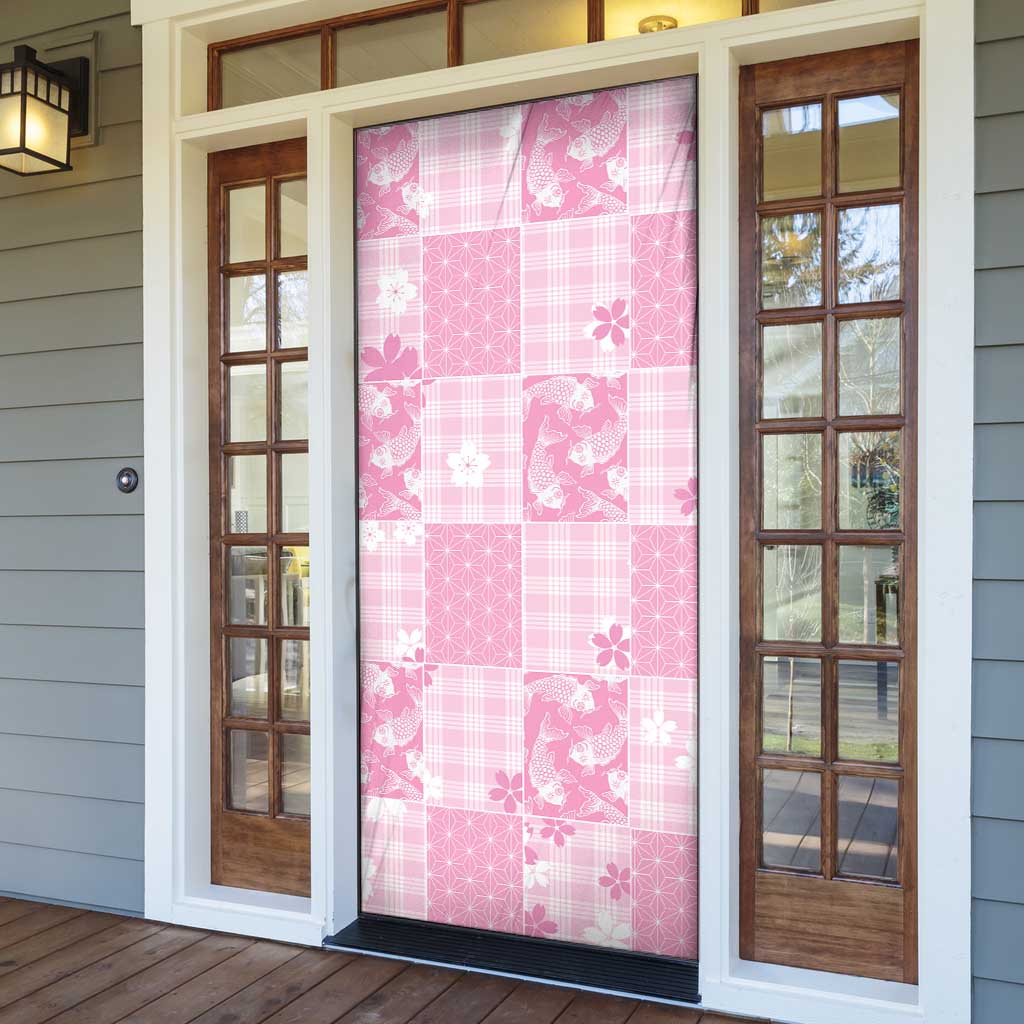 Pink Palaka Japanese Patterns Door Cover Koi Fish Asanoha Sakura Patchwork Stylized - Polynesian Pride