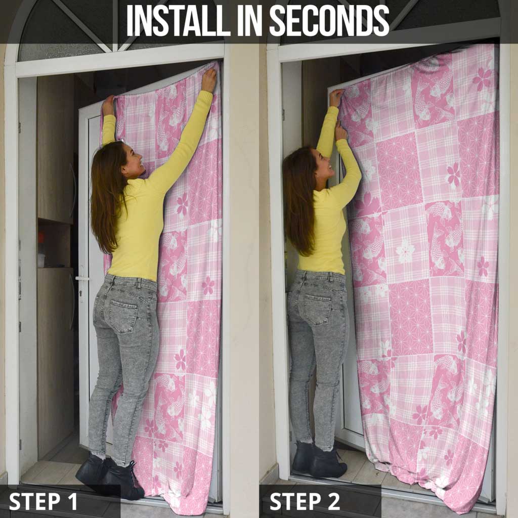 Pink Palaka Japanese Patterns Door Cover Koi Fish Asanoha Sakura Patchwork Stylized - Polynesian Pride