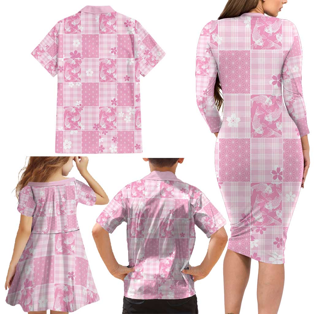 Pink Palaka Japanese Patterns Family Matching Long Sleeve Bodycon Dress and Hawaiian Shirt Koi Fish Asanoha Sakura Patchwork Stylized - Polynesian Pride