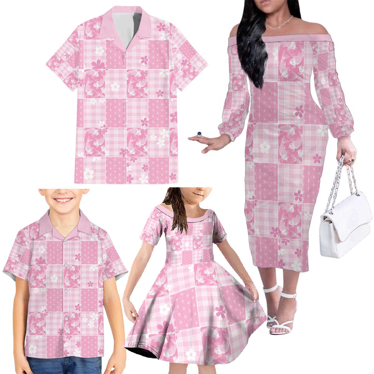 Pink Palaka Japanese Patterns Family Matching Off The Shoulder Long Sleeve Dress and Hawaiian Shirt Koi Fish Asanoha Sakura Patchwork Stylized - Polynesian Pride
