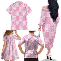 Pink Palaka Japanese Patterns Family Matching Off The Shoulder Long Sleeve Dress and Hawaiian Shirt Koi Fish Asanoha Sakura Patchwork Stylized - Polynesian Pride
