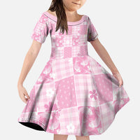 Pink Palaka Japanese Patterns Family Matching Puletasi and Hawaiian Shirt Koi Fish Asanoha Sakura Patchwork Stylized LT14 Daughter's Dress Pink - Polynesian Pride
