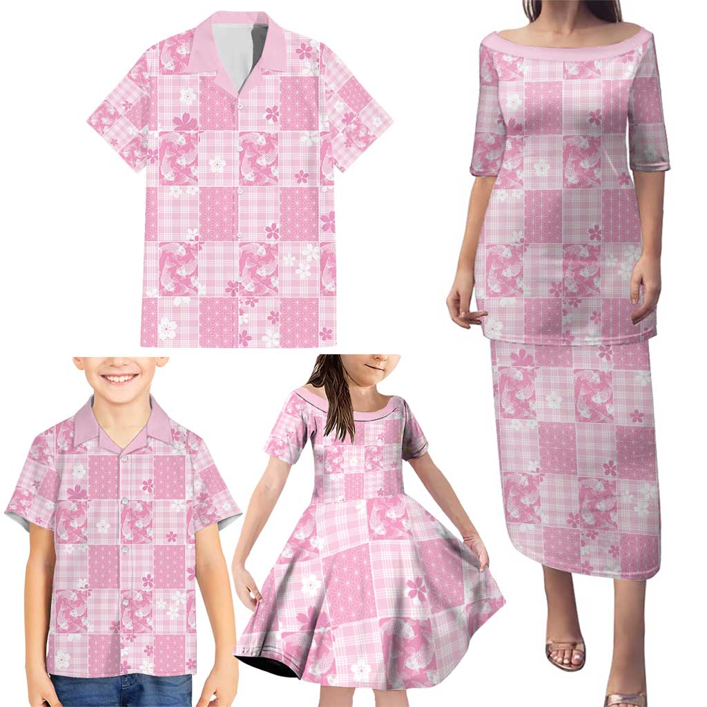 Pink Palaka Japanese Patterns Family Matching Puletasi and Hawaiian Shirt Koi Fish Asanoha Sakura Patchwork Stylized LT14 - Polynesian Pride