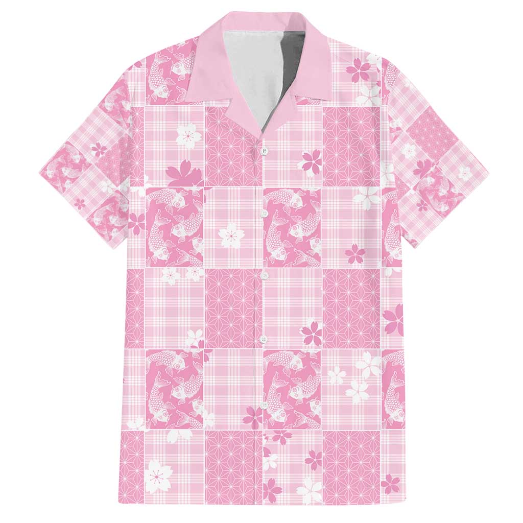 Pink Palaka Japanese Patterns Family Matching Puletasi and Hawaiian Shirt Koi Fish Asanoha Sakura Patchwork Stylized LT14 Dad's Shirt - Short Sleeve Pink - Polynesian Pride