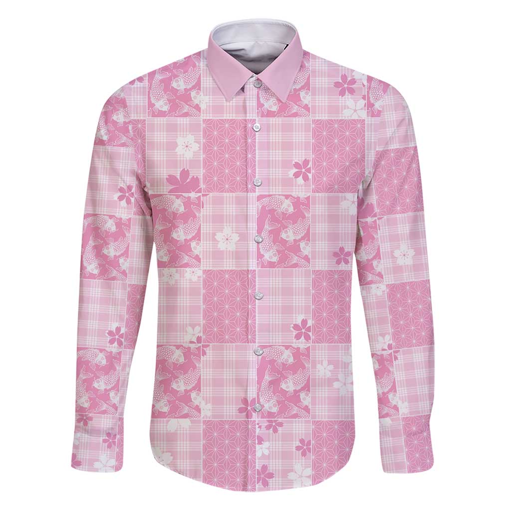 Pink Palaka Japanese Patterns Family Matching Puletasi and Hawaiian Shirt Koi Fish Asanoha Sakura Patchwork Stylized LT14 Dad's Shirt - Long Sleeve Pink - Polynesian Pride