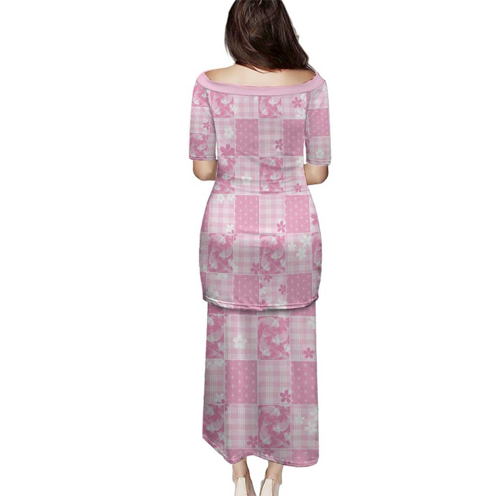 Pink Palaka Japanese Patterns Family Matching Puletasi and Hawaiian Shirt Koi Fish Asanoha Sakura Patchwork Stylized LT14 - Polynesian Pride