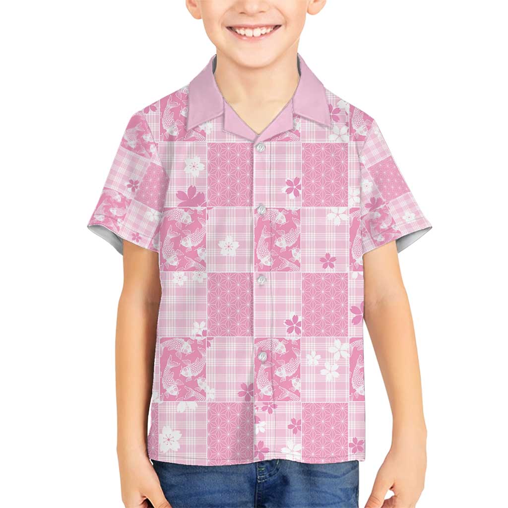 Pink Palaka Japanese Patterns Family Matching Puletasi and Hawaiian Shirt Koi Fish Asanoha Sakura Patchwork Stylized LT14 Son's Shirt Pink - Polynesian Pride