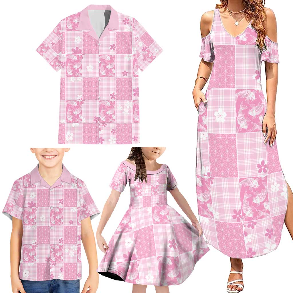 Pink Palaka Japanese Patterns Family Matching Summer Maxi Dress and Hawaiian Shirt Koi Fish Asanoha Sakura Patchwork Stylized - Polynesian Pride