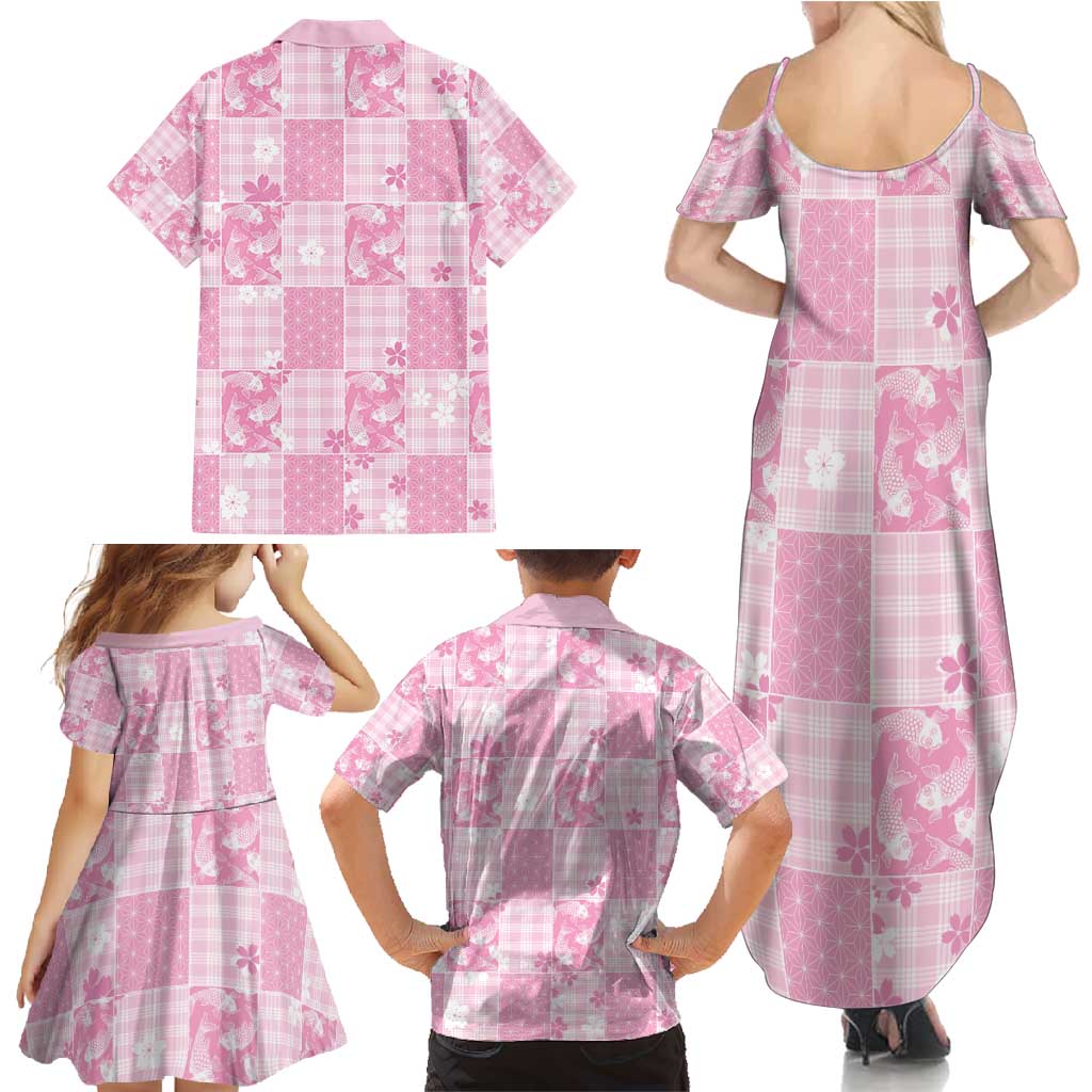 Pink Palaka Japanese Patterns Family Matching Summer Maxi Dress and Hawaiian Shirt Koi Fish Asanoha Sakura Patchwork Stylized - Polynesian Pride
