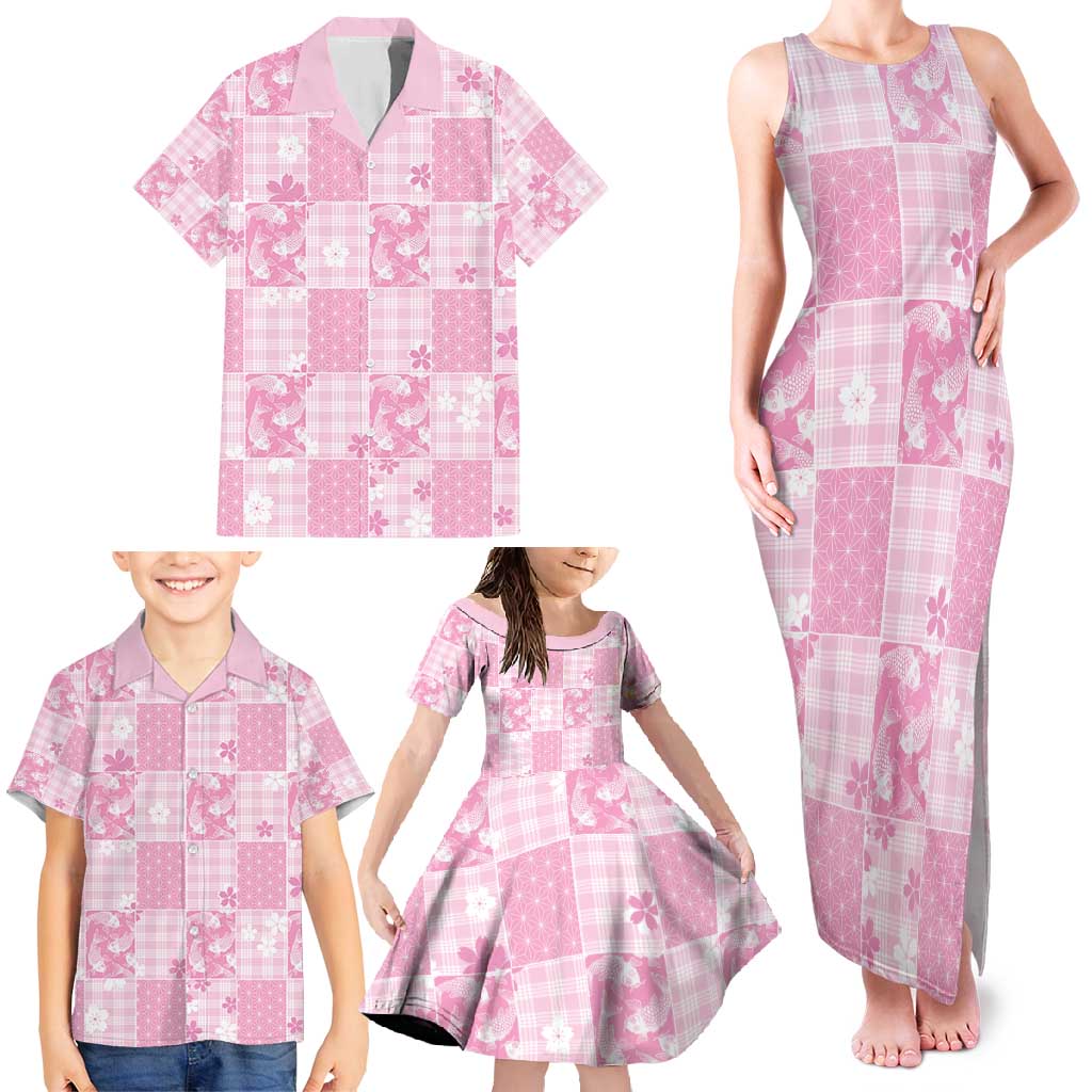 Pink Palaka Japanese Patterns Family Matching Tank Maxi Dress and Hawaiian Shirt Koi Fish Asanoha Sakura Patchwork Stylized - Polynesian Pride
