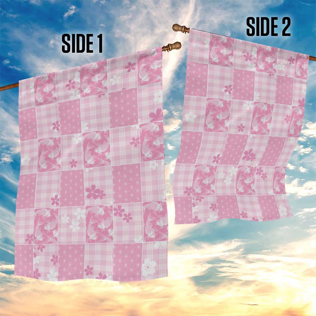 Pink Palaka Japanese Patterns Garden Flag Koi Fish Asanoha Sakura Patchwork Stylized - Polynesian Pride