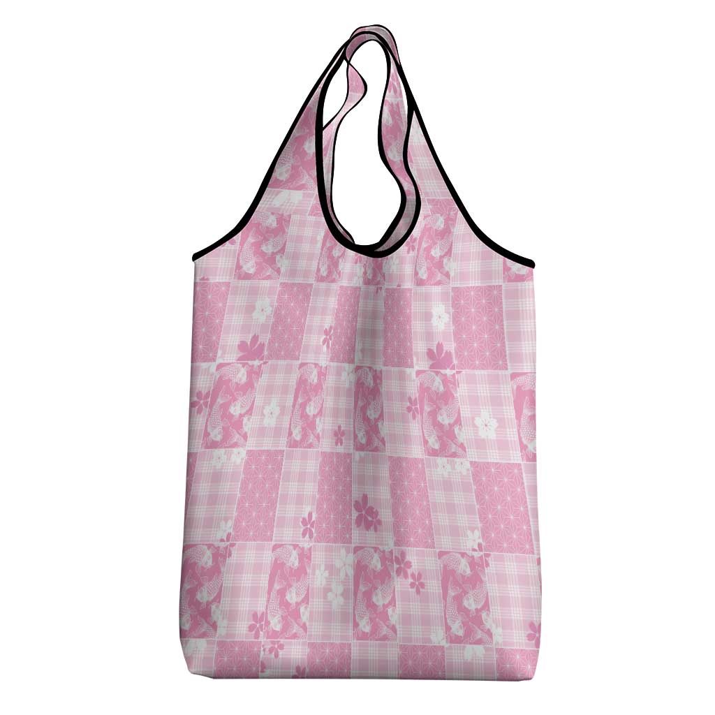 Pink Palaka Japanese Patterns Grocery Bag Koi Fish Asanoha Sakura Patchwork Stylized - Polynesian Pride