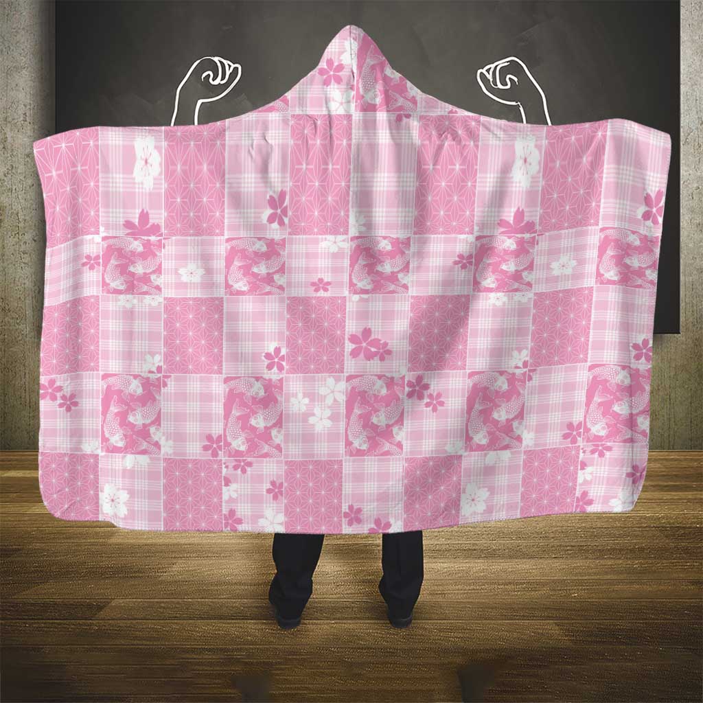 Pink Palaka Japanese Patterns Hooded Blanket Koi Fish Asanoha Sakura Patchwork Stylized - Polynesian Pride