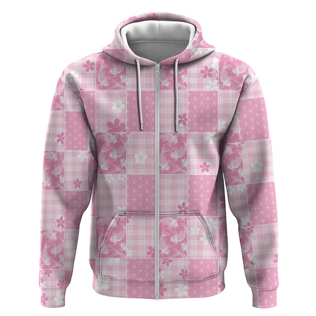Pink Palaka Japanese Patterns Hoodie Koi Fish Asanoha Sakura Patchwork Stylized - Polynesian Pride